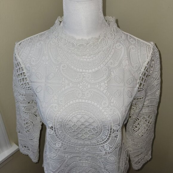 Anthropologie James Coviello Medallion Lace Front Mock Neck Ivory Blouse SZ SP - Picture 8 of 12